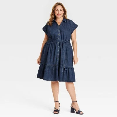 Women's Clothing Sale New - Women's Short Sleeve Denim Tiered Midi A-Line Dress - Ava & Viv Dark Wash XXL