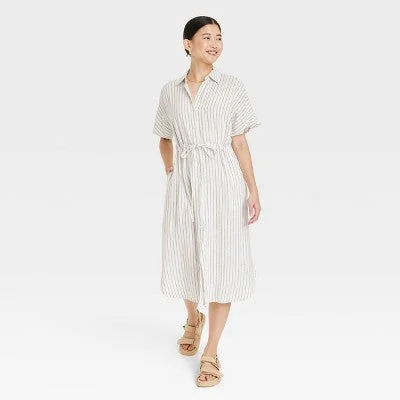 Fashion Deal New - Women's Short Sleeve Linen Midi Shirtdress - A New Day™ Cream Striped L