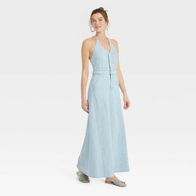 Chic Trends For The Fashion Savvy Open Box - Women's Halter Neck Denim Maxi Dress - Universal Thread Blue 0