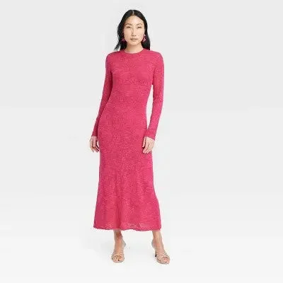 Trendy Threads Open Box - Women's Long Sleeve Maxi Pointelle Dress - A New Day Pink XL