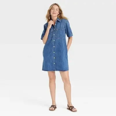 Dive Into Trendy Styles Open Box - Women's Short Sleeve Mini Shirtdress - Universal Thread Blue M