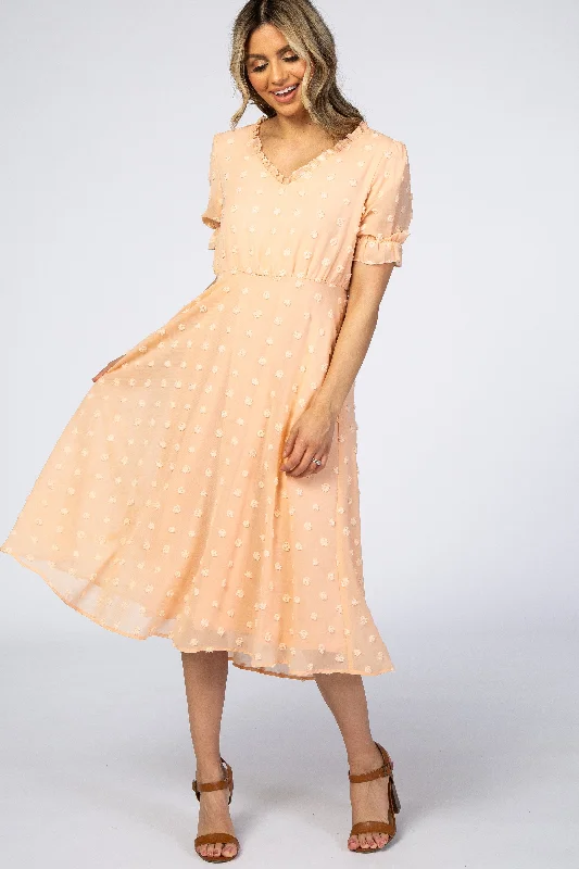 Trendy Casual Outfits Peach Swiss Dot Ruffle Trim Dress