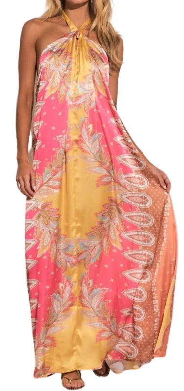 Colorful Clothing Print Halter Maxi Dress In Pink Bali Print