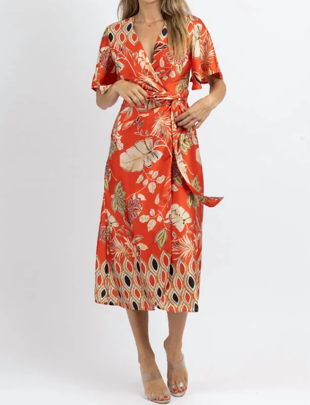 Comfortable Chic Waikiki Wrapped Satin Midi Dress In Orange/multi