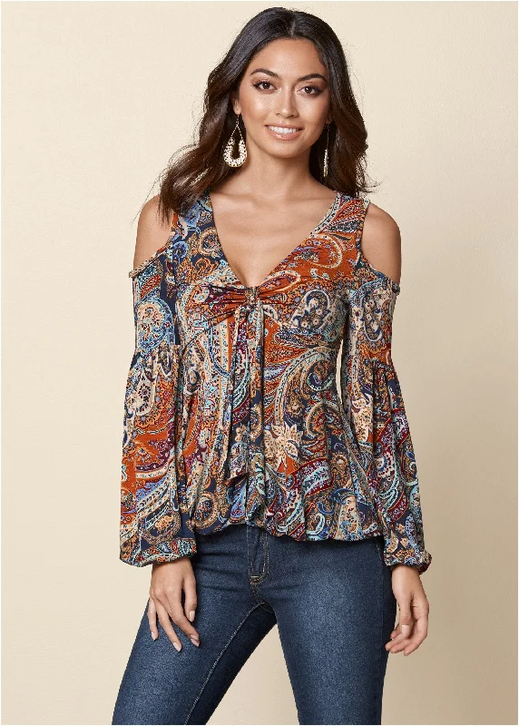 Luxury Fashion Cold-Shoulder Paisley Top - Orange Multi