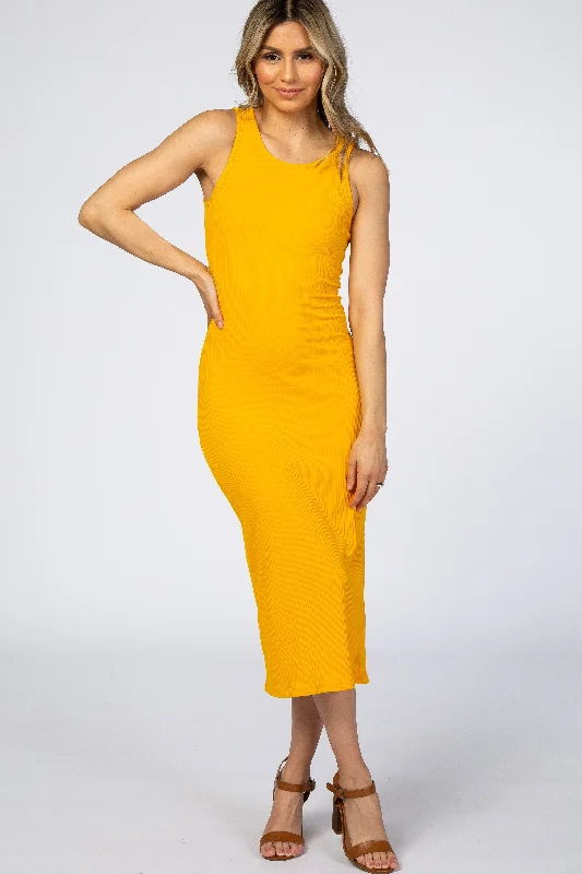 Fashionable Casual Tops Yellow Ribbed Midi Dress