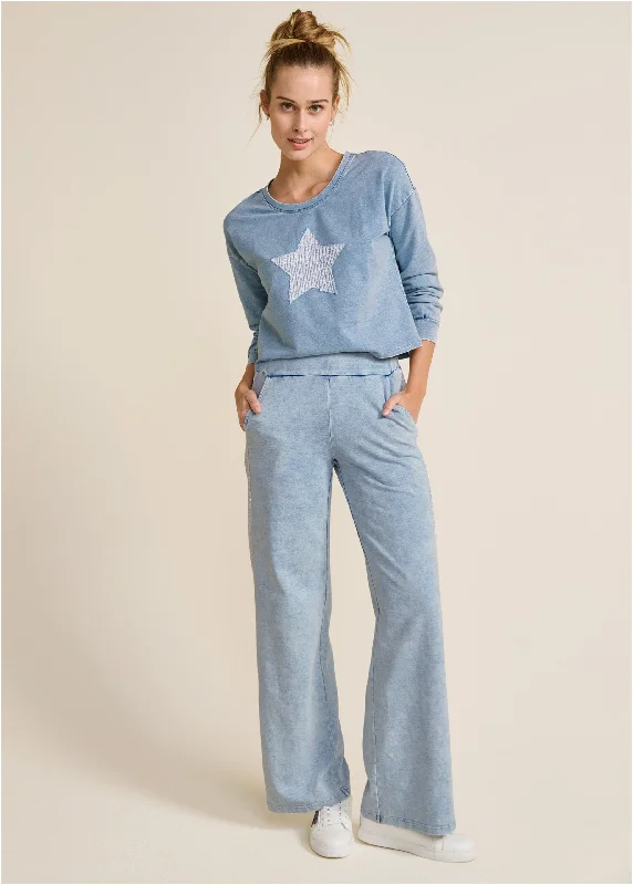 Holiday Discount Stone Wash Sequin Pant Set - Blue & White