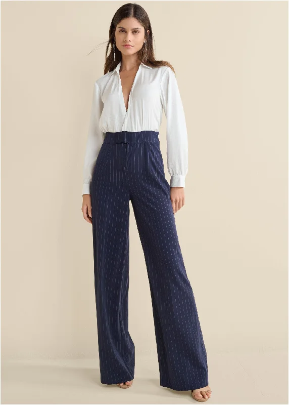 High Street Women's Fashion for Trendy Shoppers Pinstripe Wide Leg Jumpsuit - Navy & White