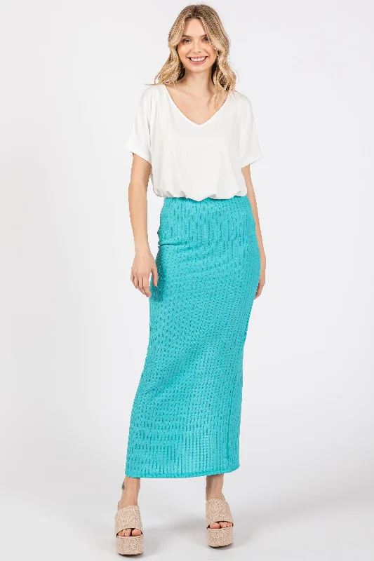 Laid-Back Elegance Aqua Textured Slit Midi Skirt