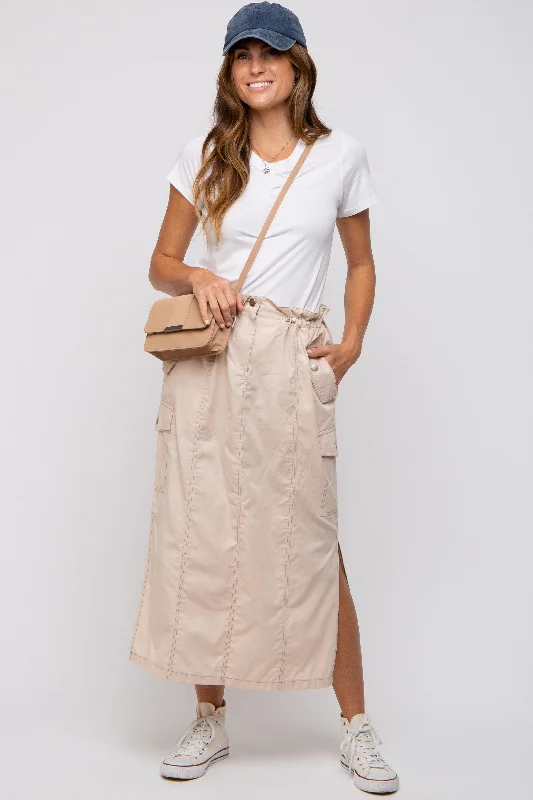 Discount Price Beige Cargo Cinched Midi Skirt