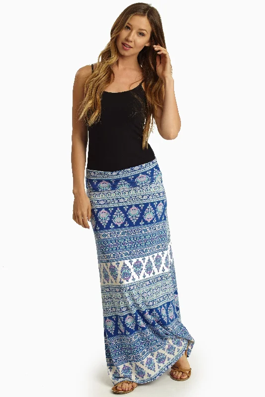 Luxury Fashion Blue Multi-Colored Bohemian Print Maxi Skirt