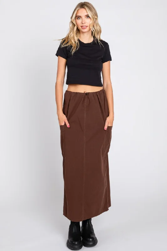 Clothing Sale Brown Drawstring Pocket Maxi Skirt