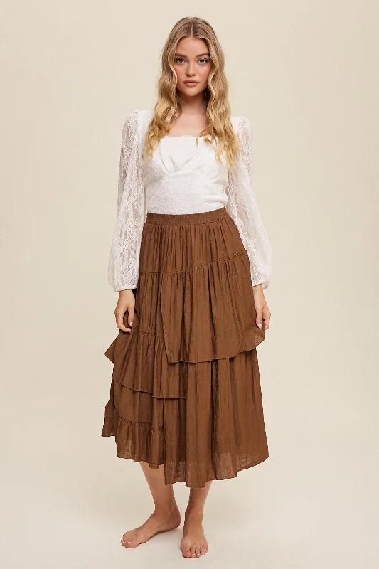 Online Clothing Boutiques Brown High Waist Asymmetrical Layered Maxi Skirt