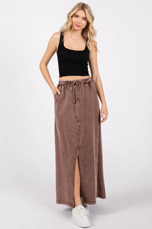 Trendy Fashion For Women Brown Terry Drawstring Midi Skirt