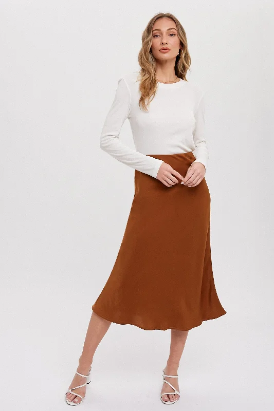 Trend Alert Camel Satin Midi Skirt