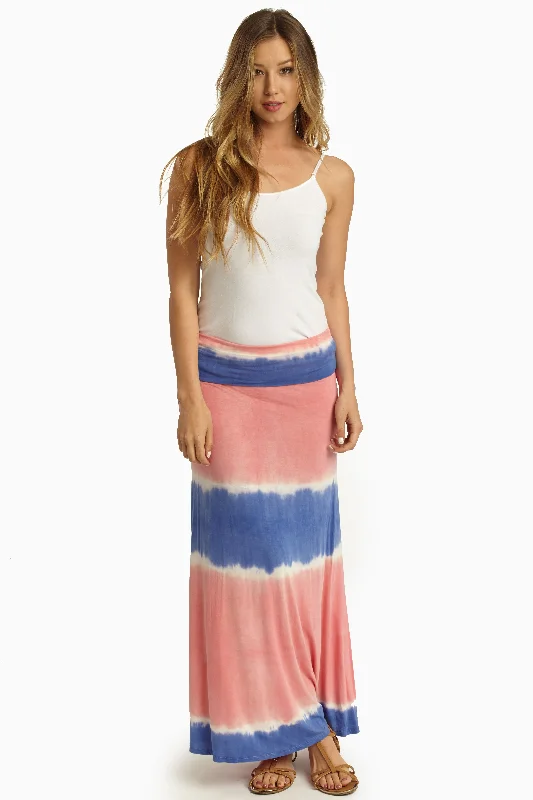 Athleisure Wear Coral Periwinkle Tie Dye Print Maxi Skirt