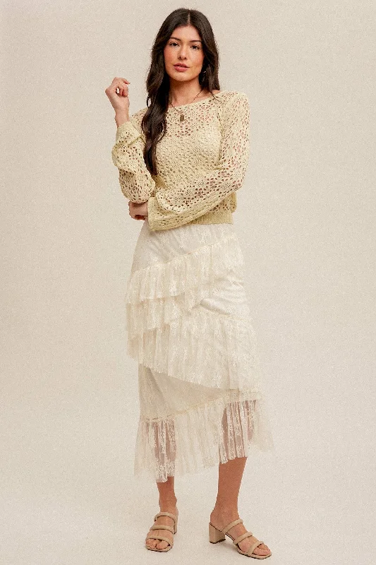 Winter Wardrobe Clearance Cream Asymmetrical Tiered Lace Skirt