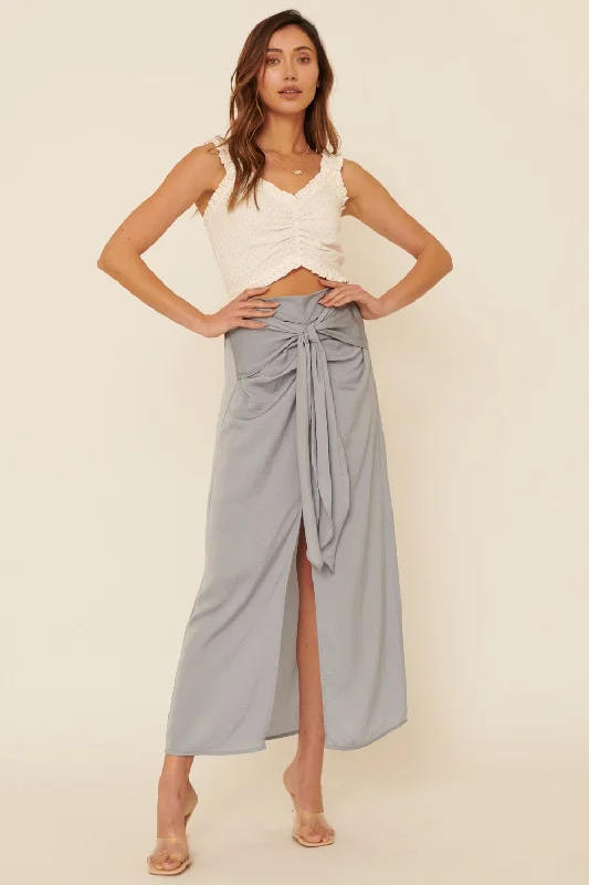 Chic Women's Clothing for Date Nights Faded Denim Woven Tie Waist Front Slit Straight Maxi Skirt