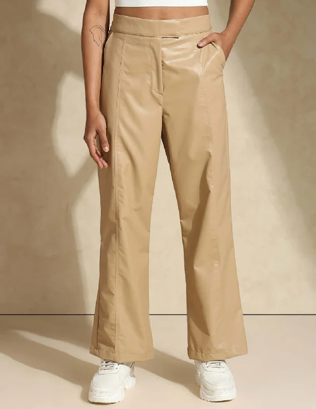 Bold and Elegant Women's Fashion Leather Straight Fit Trousers Beige