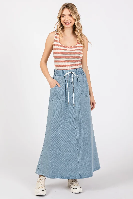 Festival Fashion Light Blue Denim Front Tie Maxi Skirt