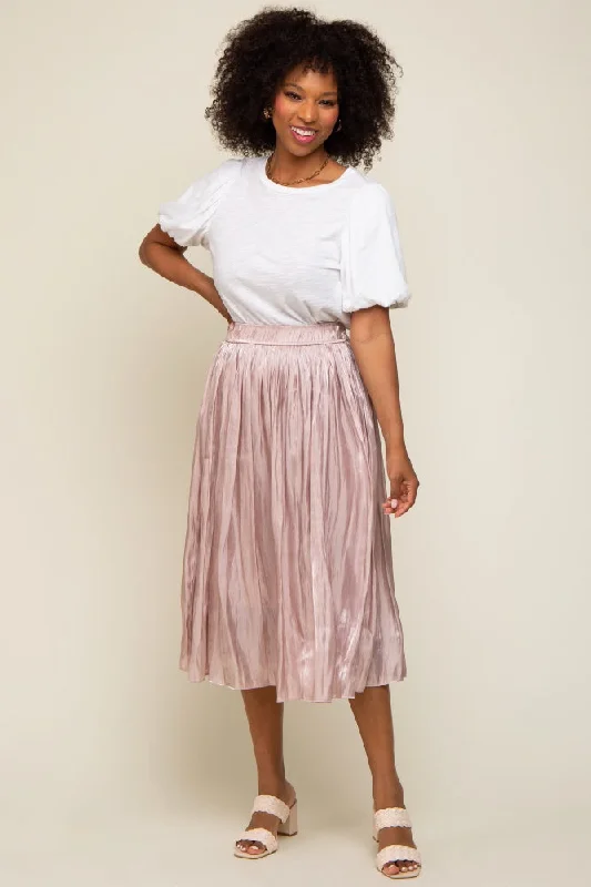 Sales For Clothes Light Pink Pleated Shimmer Satin Midi Skirt