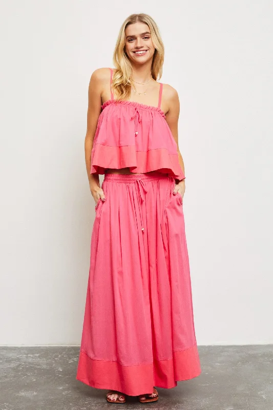 Relaxed Style Magenta Colorblock Maxi Skirt