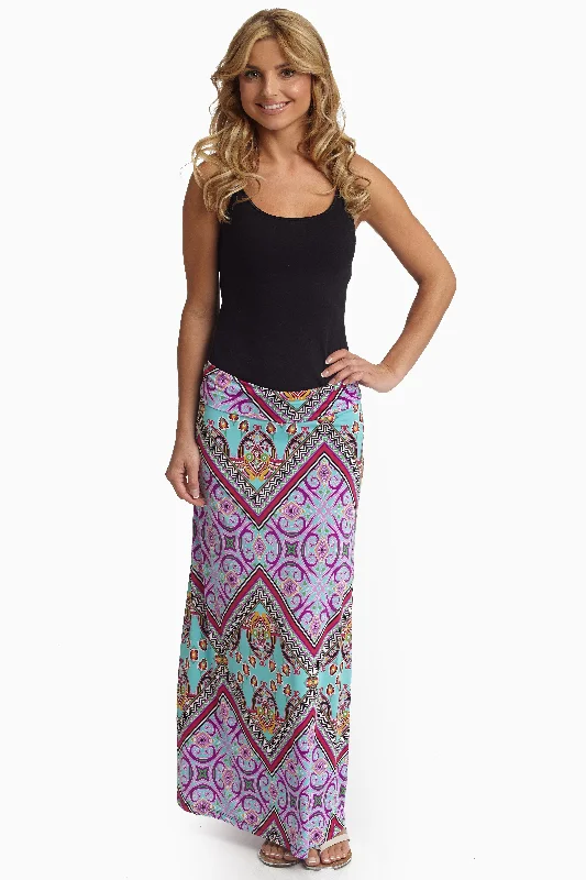 Travel Essentials Mint Green Vibrant Multi-Color Printed Maxi Skirt