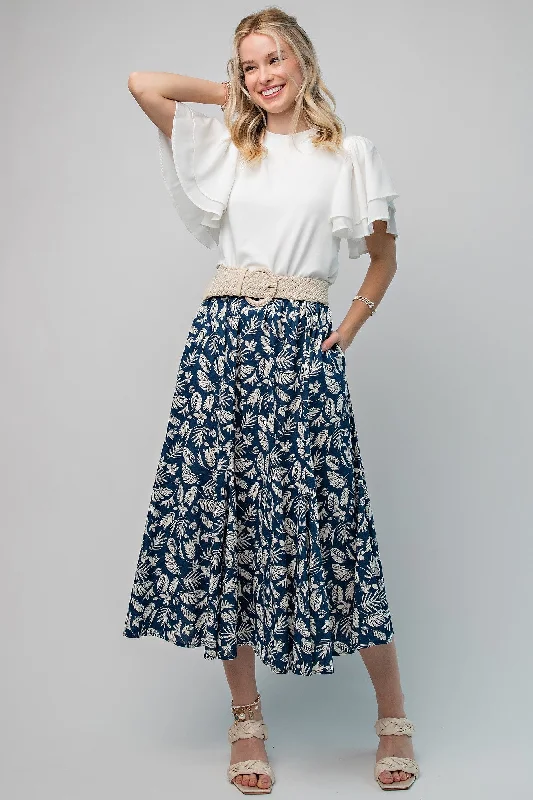 Luxury Women's Fashion Navy Floral Pleated Midi Skirt