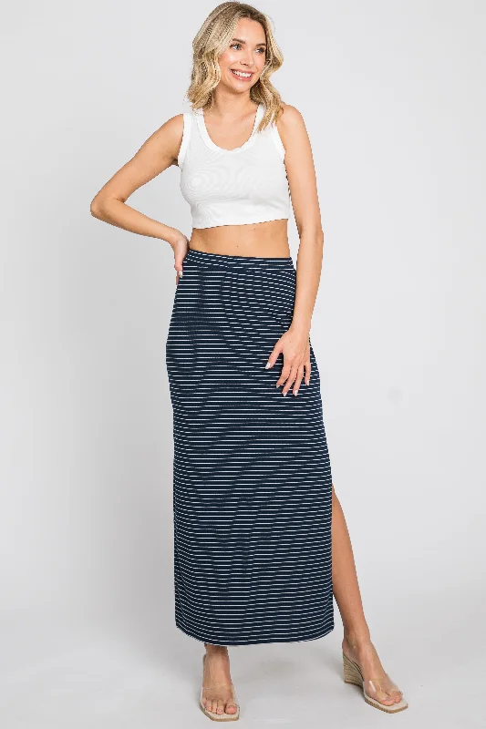 Chic Women's Clothing Navy Striped Side Slit Maxi Skirt