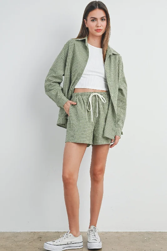 Bold Fashion Olive Checker Plaid Drawstring Shorts