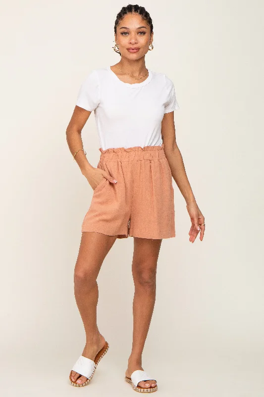 Casual Dresses for Women Peach Elastic Waist Linen Shorts