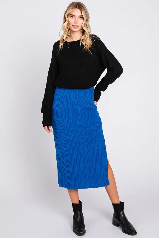 Flash Sales This Week Royal Blue Soft Knit Ribbed Side Slit Midi Skirt