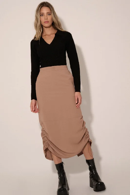 Top 10 Women's Online Clothing Stores Taupe Solid Drawstring Side Back Elastic Midi Skirt