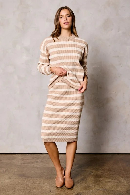 Women Fashion Taupe Striped Rib Knit Skirt