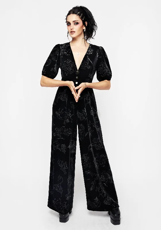 Online Boutiques Best Zodiac Foil Print Button Front Velour Jumpsuit